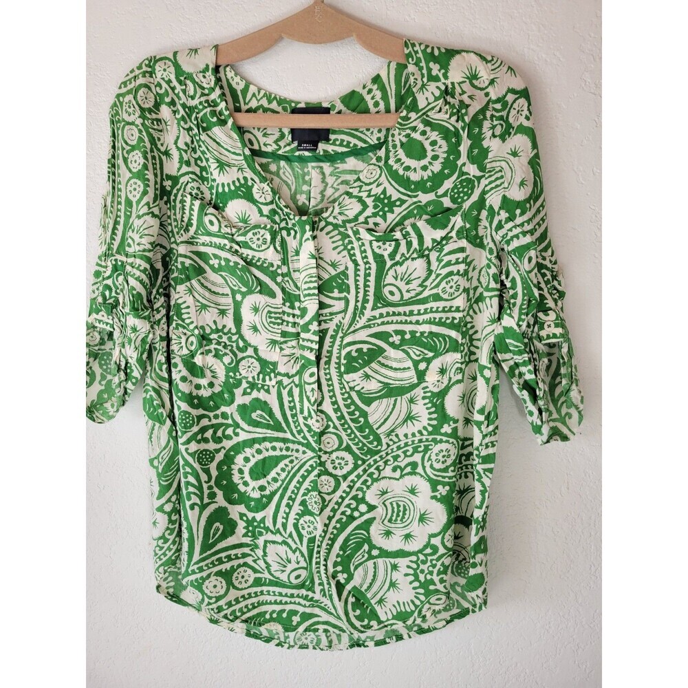 Anthropologie Maeve S Top Green Paisley 3/4 Sleeve Tunic Blouse V Neck Shirt